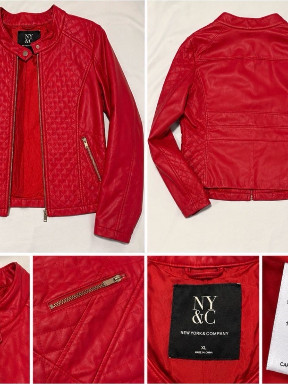 New York & Company Red Quilted Faux Leather Moto Jacket XL